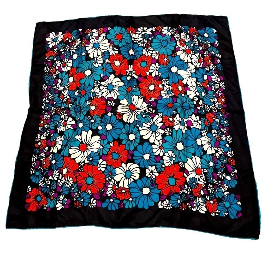 John Wanamaker Bright Vintage Silk Floral Scarf, Italy, navy blue aqua & red